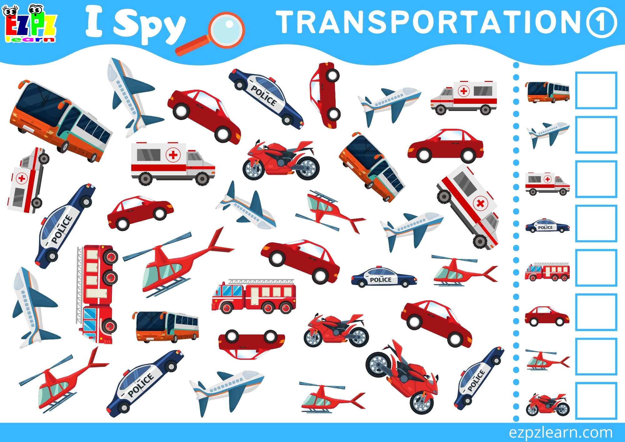 Transportation 1 Topic I Spy Game for kids Free PDF Download